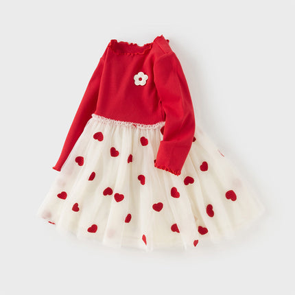 Toddler Girls Vivid Red Knit Sweater Mesh Dress