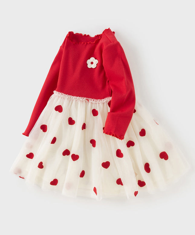 Toddler Girls Vivid Red Knit Sweater Mesh Dress