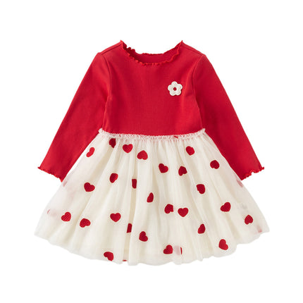 Toddler Girls Vivid Red Knit Sweater Mesh Dress