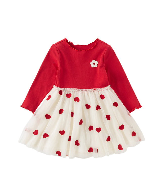 Toddler Girls Vivid Red Knit Sweater Mesh Dress