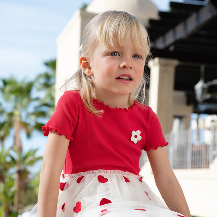 Girls Summer Casual Red Short Sleeve Mesh Dress