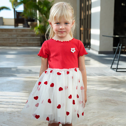 Girls Summer Casual Red Short Sleeve Mesh Dress