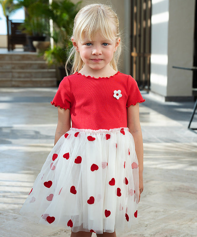 Girls Summer Casual Red Short Sleeve Mesh Dress