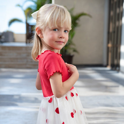 Girls Summer Casual Red Short Sleeve Mesh Dress