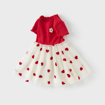 Girls Summer Casual Red Short Sleeve Mesh Dress