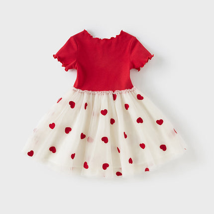 Girls Summer Casual Red Short Sleeve Mesh Dress