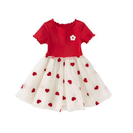 Girls Summer Casual Red Short Sleeve Mesh Dress