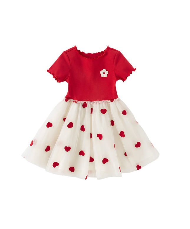 Girls Summer Casual Red Short Sleeve Mesh Dress
