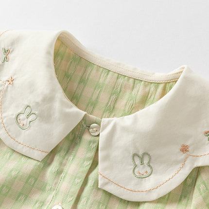 Toddler Girls Summer Cotton Green Plaid Bubble Sleeve Dress (wallet bag)