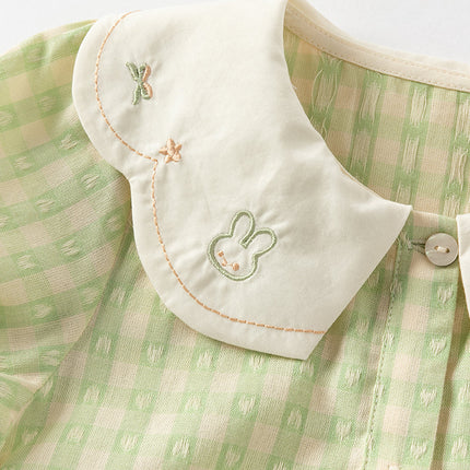 Toddler Girls Summer Cotton Green Plaid Bubble Sleeve Dress (wallet bag)