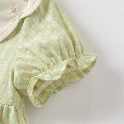 Toddler Girls Summer Cotton Green Plaid Bubble Sleeve Dress (wallet bag)