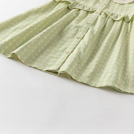 Toddler Girls Summer Cotton Green Plaid Bubble Sleeve Dress (wallet bag)
