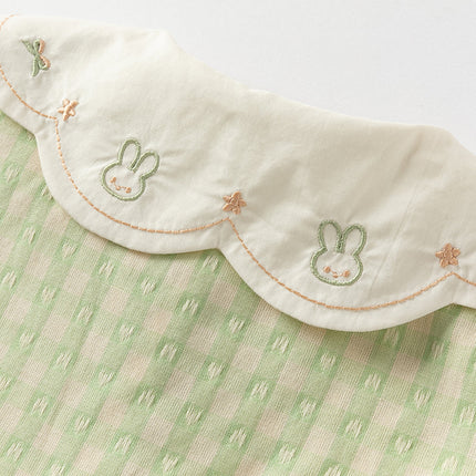 Toddler Girls Summer Cotton Green Plaid Bubble Sleeve Dress (wallet bag)