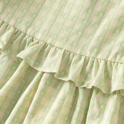 Toddler Girls Summer Cotton Green Plaid Bubble Sleeve Dress (wallet bag)