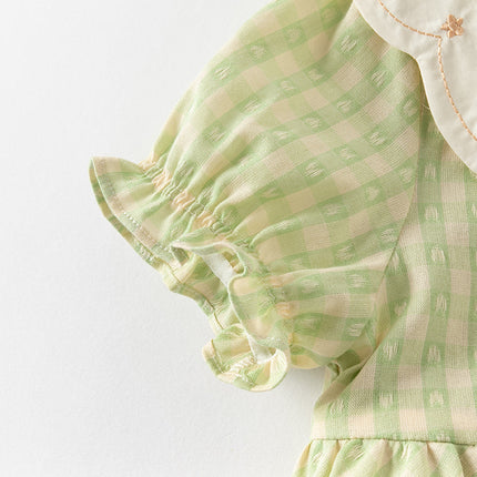 Toddler Girls Summer Cotton Green Plaid Bubble Sleeve Dress (wallet bag)
