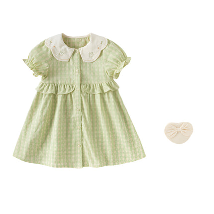Toddler Girls Summer Cotton Green Plaid Bubble Sleeve Dress (wallet bag)