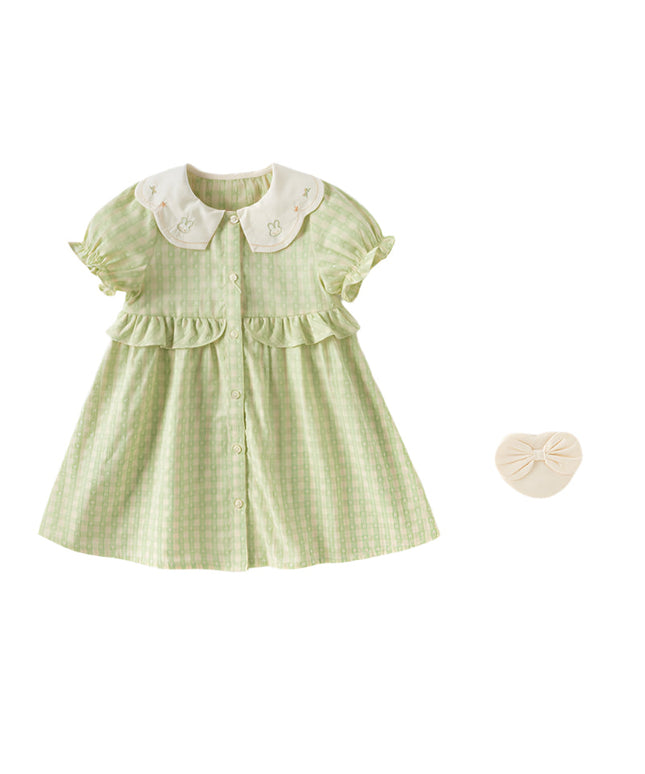 Toddler Girls Summer Cotton Green Plaid Bubble Sleeve Dress (wallet bag)