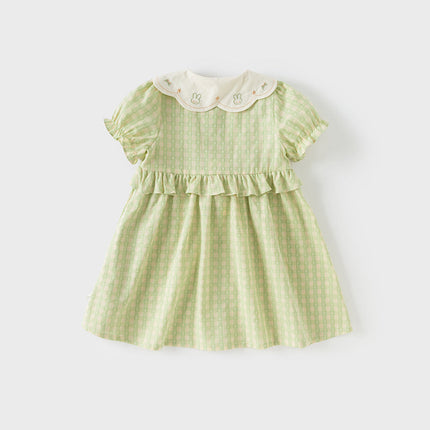 Toddler Girls Summer Cotton Green Plaid Bubble Sleeve Dress (wallet bag)