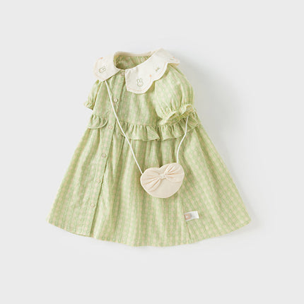 Toddler Girls Summer Cotton Green Plaid Bubble Sleeve Dress (wallet bag)