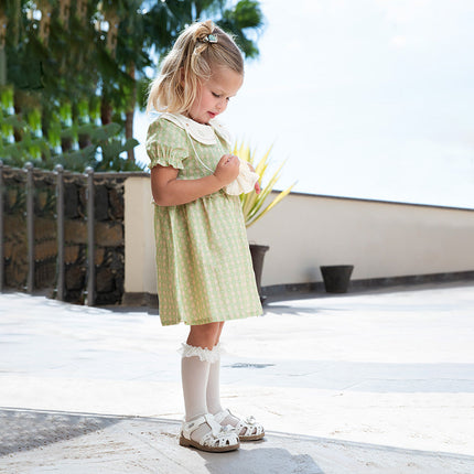 Toddler Girls Summer Cotton Green Plaid Bubble Sleeve Dress (wallet bag)