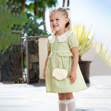 Toddler Girls Summer Cotton Green Plaid Bubble Sleeve Dress (wallet bag)