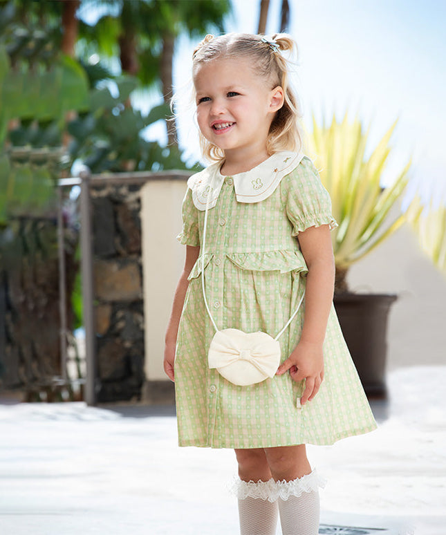 Toddler Girls Summer Cotton Green Plaid Bubble Sleeve Dress (wallet bag)