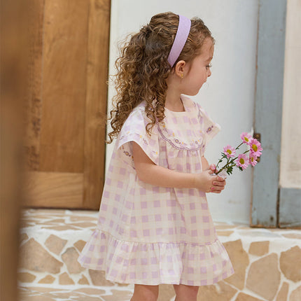 Girls Summer Cute Cotton Purple Plaid A-line Dress