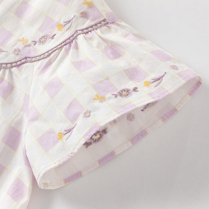 Girls Summer Cute Cotton Purple Plaid A-line Dress