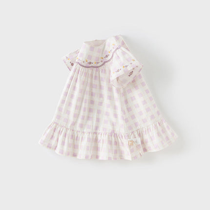 Girls Summer Cute Cotton Purple Plaid A-line Dress