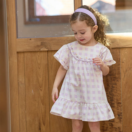 Girls Summer Cute Cotton Purple Plaid A-line Dress