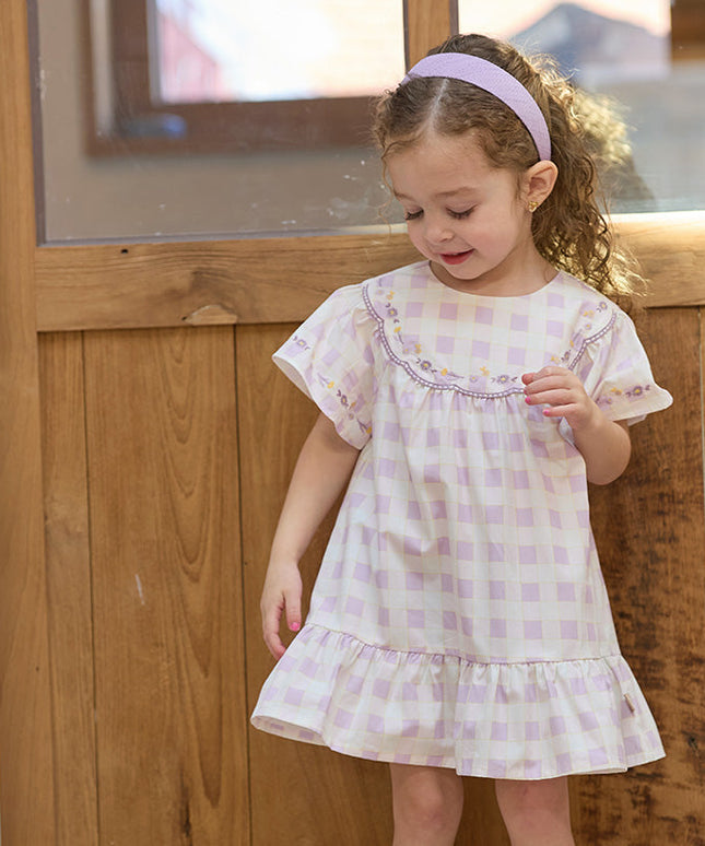 Girls Summer Cute Cotton Purple Plaid A-line Dress