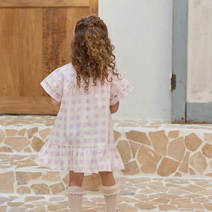 Girls Summer Cute Cotton Purple Plaid A-line Dress