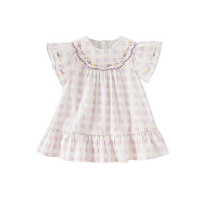 Girls Summer Cute Cotton Purple Plaid A-line Dress