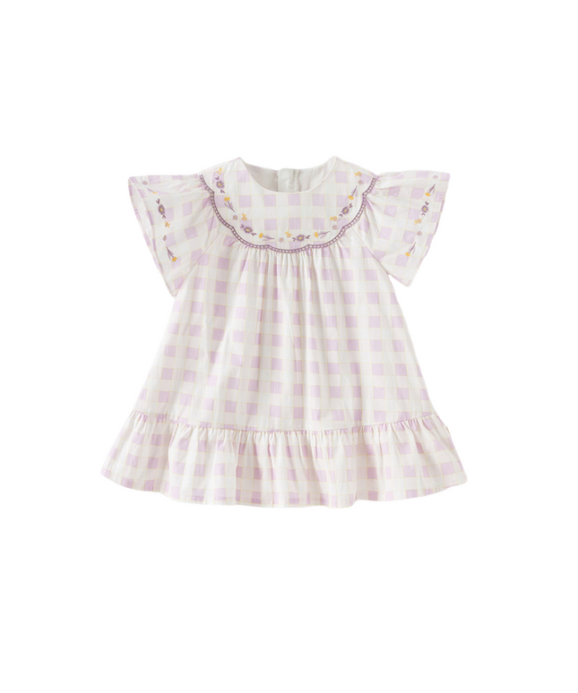 Girls Summer Cute Cotton Purple Plaid A-line Dress