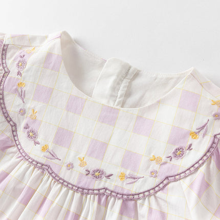 Girls Summer Cute Cotton Purple Plaid A-line Dress