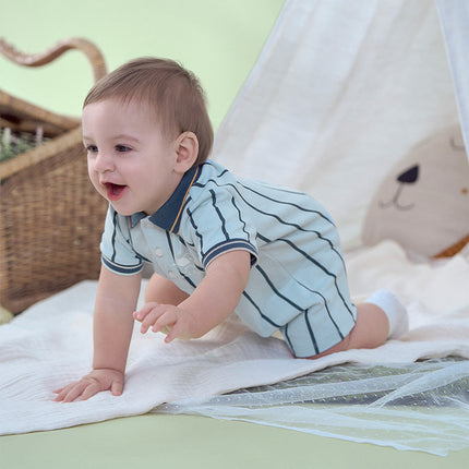 Baby Boys Summer Fashion Blue Striped Polo Collar Soft Indoor Rompers