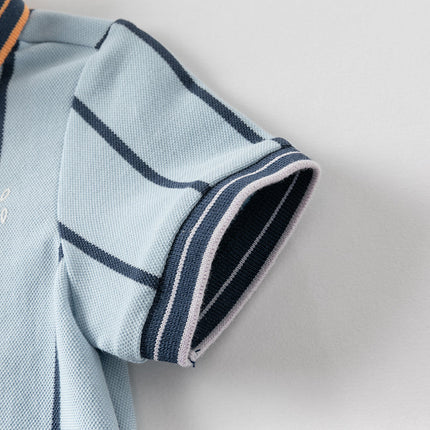 Baby Boys Summer Fashion Blue Striped Polo Collar Soft Indoor Rompers