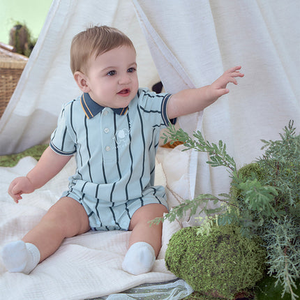 Baby Boys Summer Fashion Blue Striped Polo Collar Soft Indoor Rompers