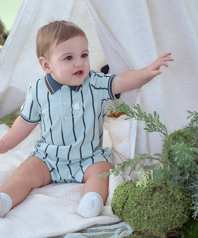 Baby Boys Summer Fashion Blue Striped Polo Collar Soft Indoor Rompers