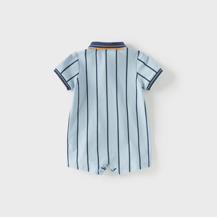 Baby Boys Summer Fashion Blue Striped Polo Collar Soft Indoor Rompers