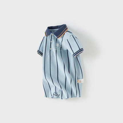 Baby Boys Summer Fashion Blue Striped Polo Collar Soft Indoor Rompers