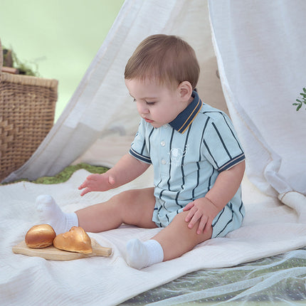 Baby Boys Summer Fashion Blue Striped Polo Collar Soft Indoor Rompers