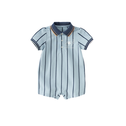 Baby Boys Summer Fashion Blue Striped Polo Collar Soft Indoor Rompers