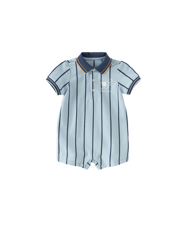 Baby Boys Summer Fashion Blue Striped Polo Collar Soft Indoor Rompers