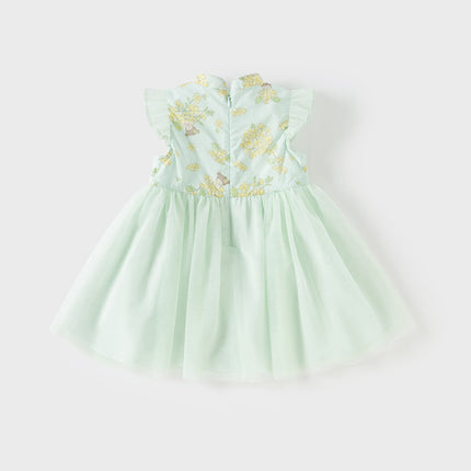 Toddler Girls Summer Green Floral Chinese-style Breathable A-line Mesh Dress