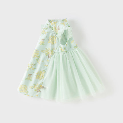 Toddler Girls Summer Green Floral Chinese-style Breathable A-line Mesh Dress