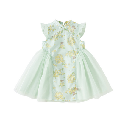 Toddler Girls Summer Green Floral Chinese-style Breathable A-line Mesh Dress