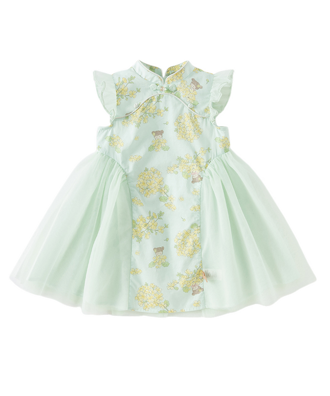 Toddler Girls Summer Green Floral Chinese-style Breathable A-line Mesh Dress
