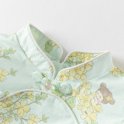 Toddler Girls Summer Green Floral Chinese-style Breathable A-line Mesh Dress