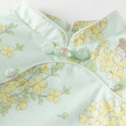 Toddler Girls Summer Green Floral Chinese-style Breathable A-line Mesh Dress